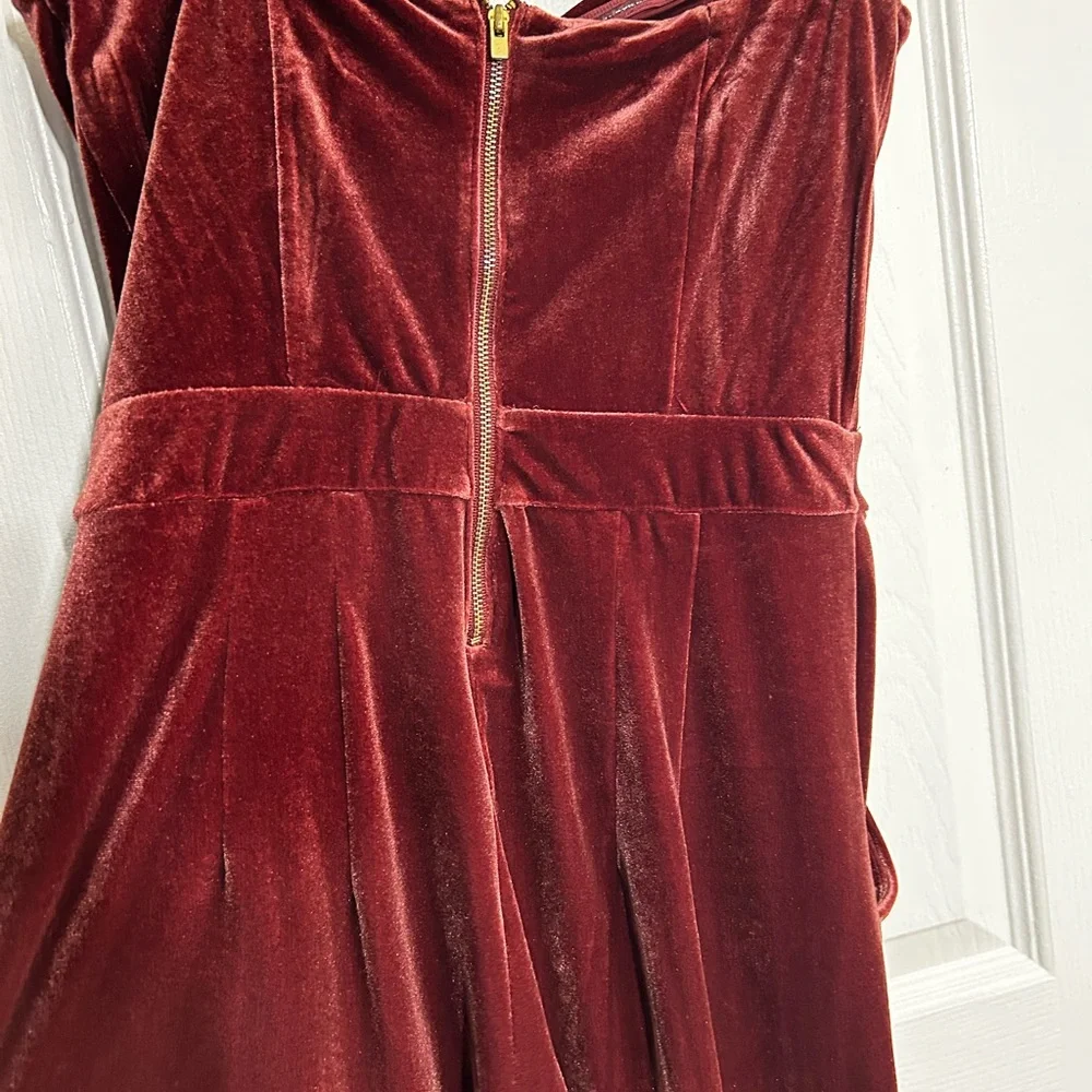 Wine Red Velvet Jumpsuit Strapless Wide Leg Formal Holiday Cocktail Outfit - Picture 3 of 11